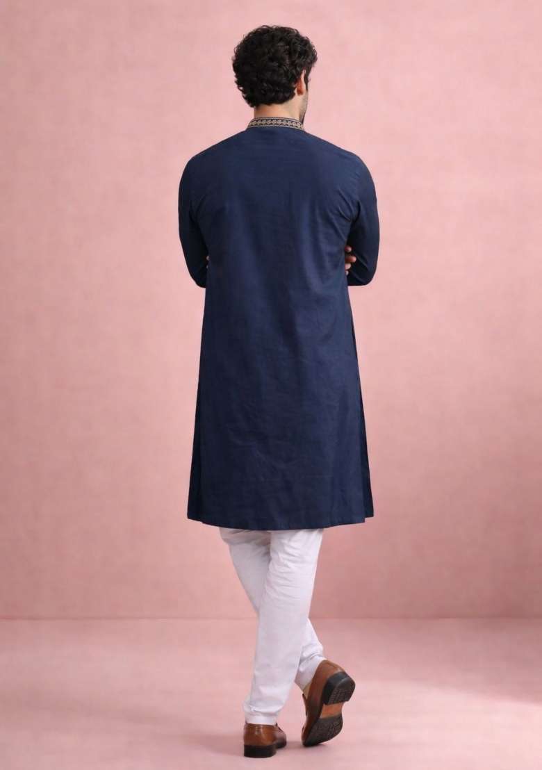 Navy Blue Embroidery Silk Kurta Pyjama For Men - Indya