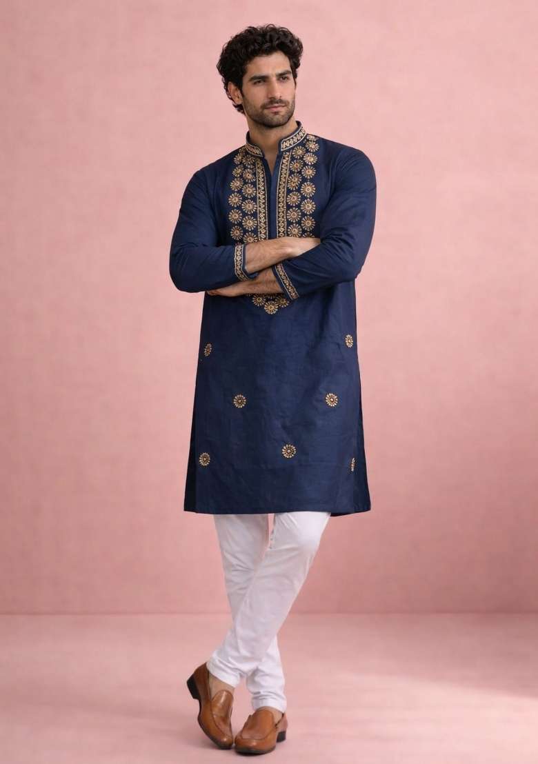 Navy Blue Embroidery Silk Kurta Pyjama For Men - Indya