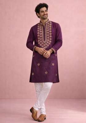 Wine Embroidery Silk Kurta Pyjama For Men