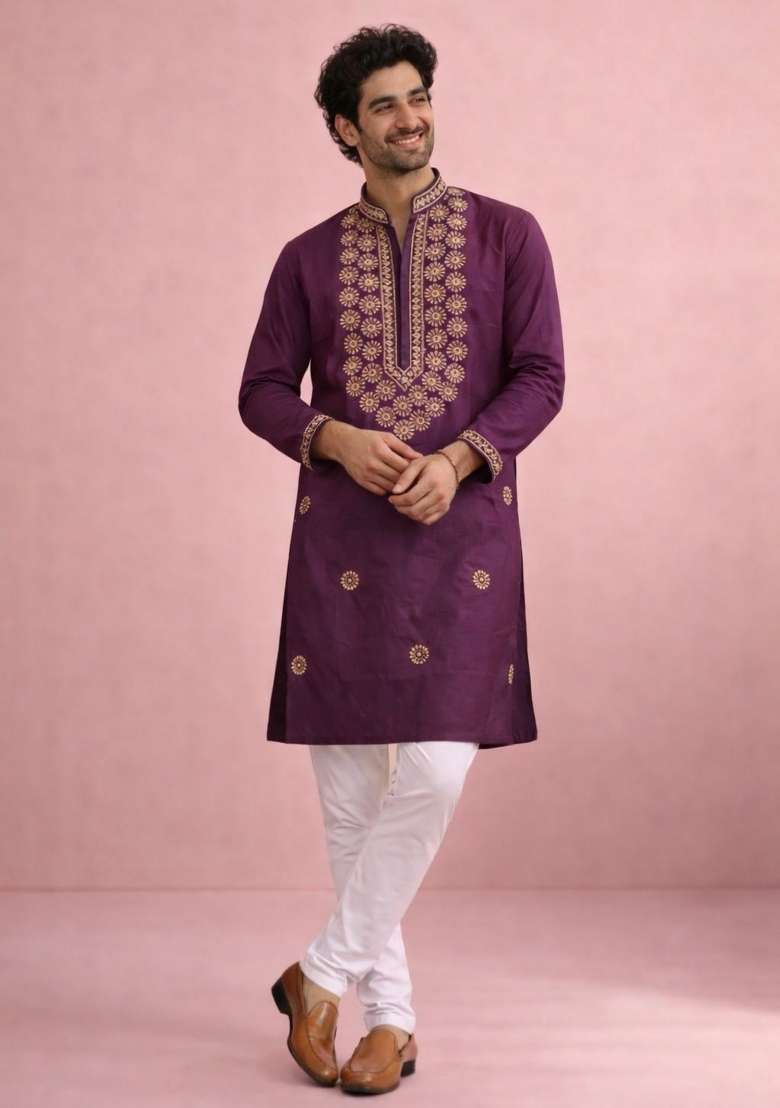 Wine Embroidery Silk Kurta Pyjama For Men - Indya