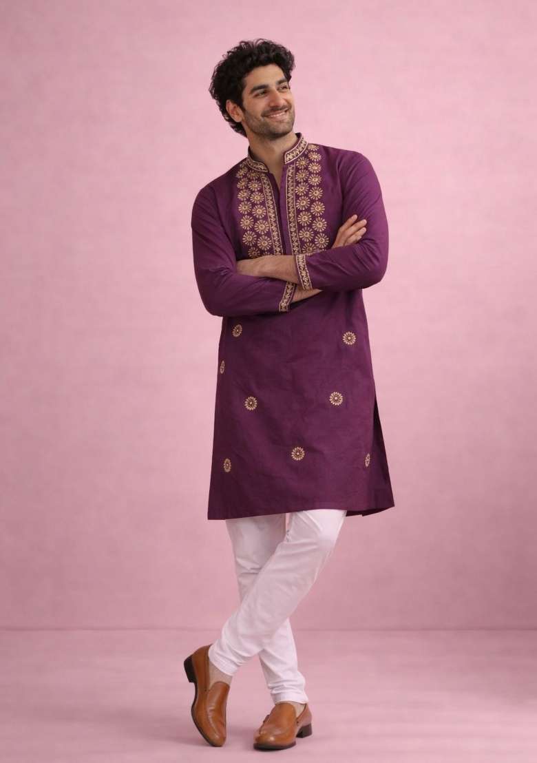 Wine Embroidery Silk Kurta Pyjama For Men - Indya