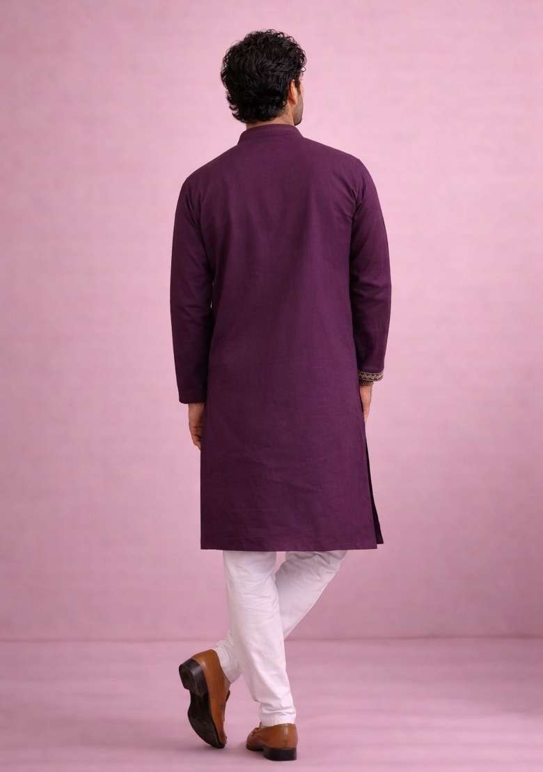 Wine Embroidery Silk Kurta Pyjama For Men - Indya