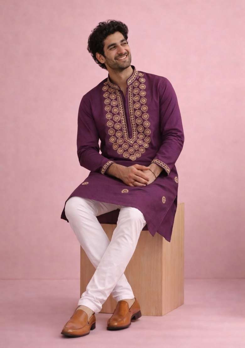 Wine Embroidery Silk Kurta Pyjama For Men - Indya