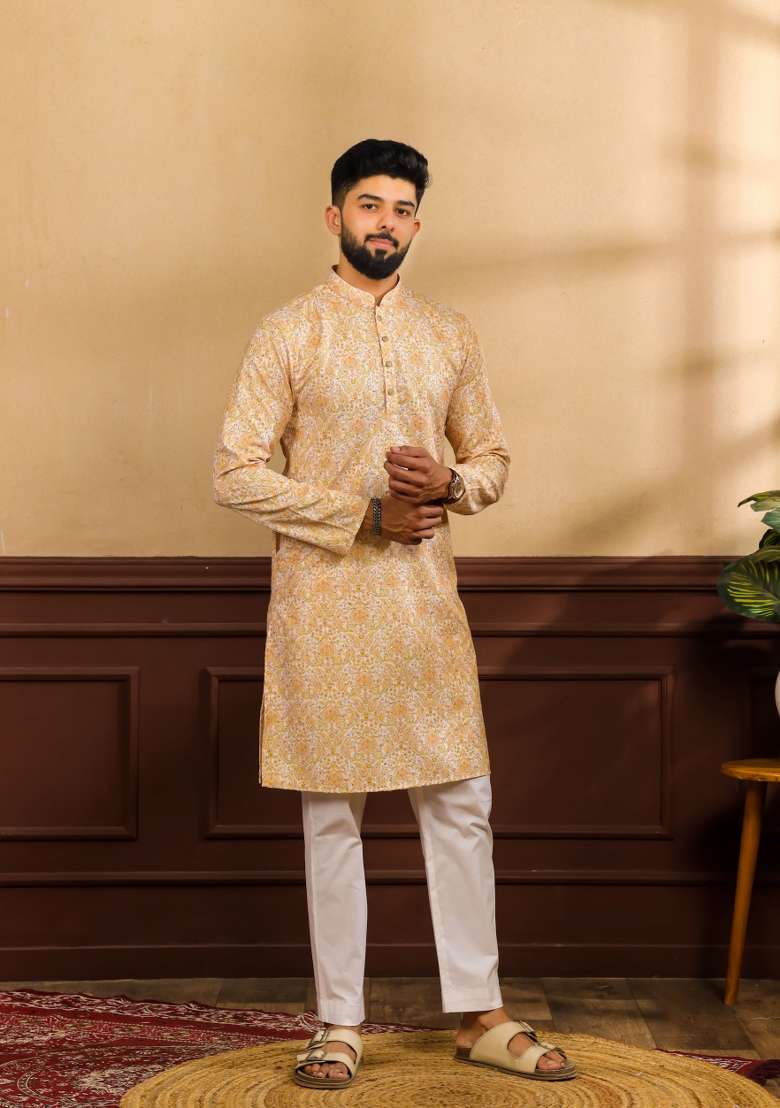 Golden Printed Silk Kurta Pyjama For Men - Indya