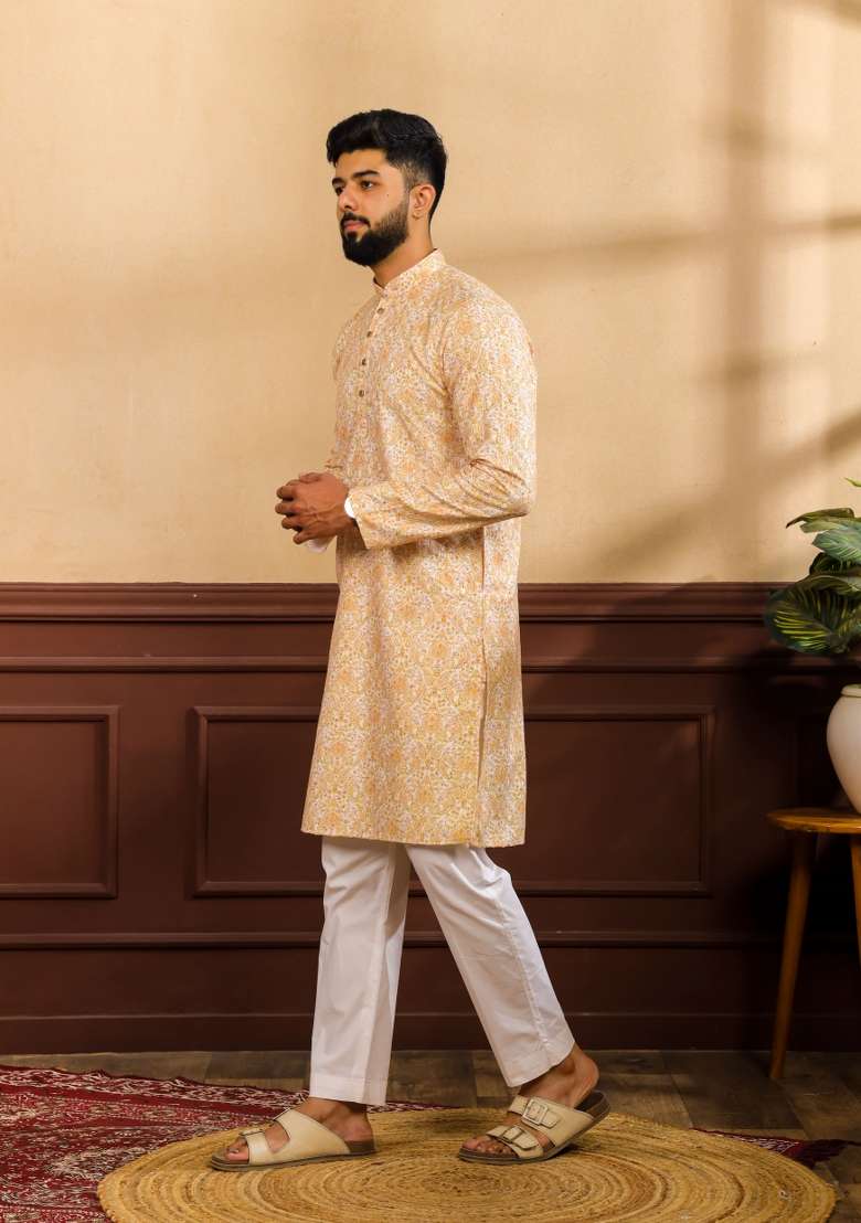 Golden Printed Silk Kurta Pyjama For Men - Indya