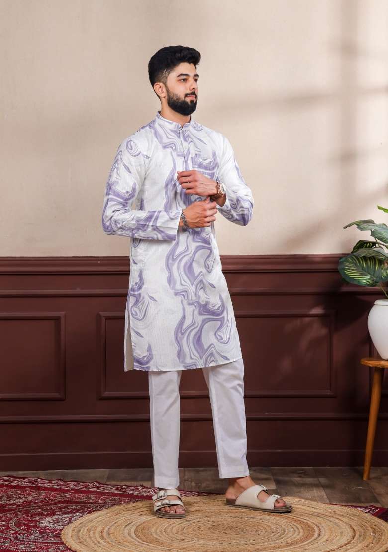 Violet Printed Silk Kurta Pyjama For Men - Indya