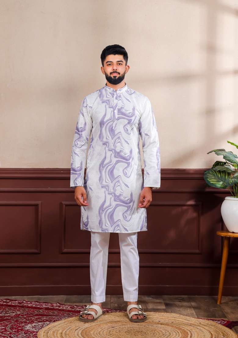 Violet Printed Silk Kurta Pyjama For Men - Indya