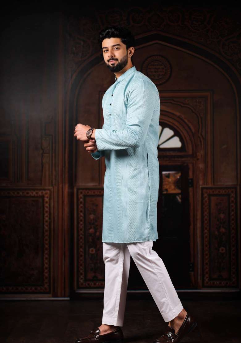 Sky Blue Embroidery Cotton Kurta Pyjama For Men - Indya