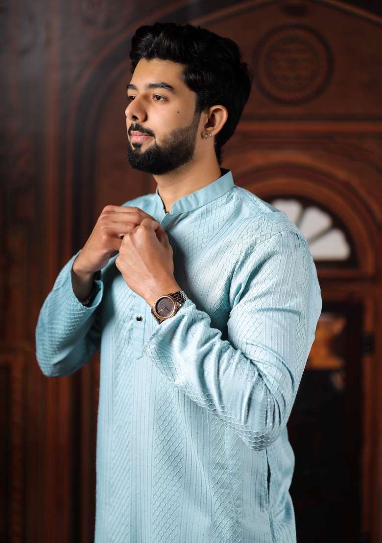 Sky Blue Embroidery Cotton Kurta Pyjama For Men - Indya