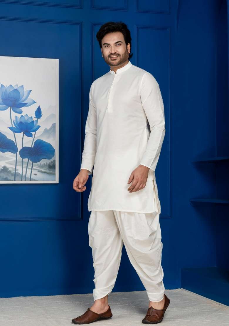White Embroidery Silk Kurta Set For Men - Indya