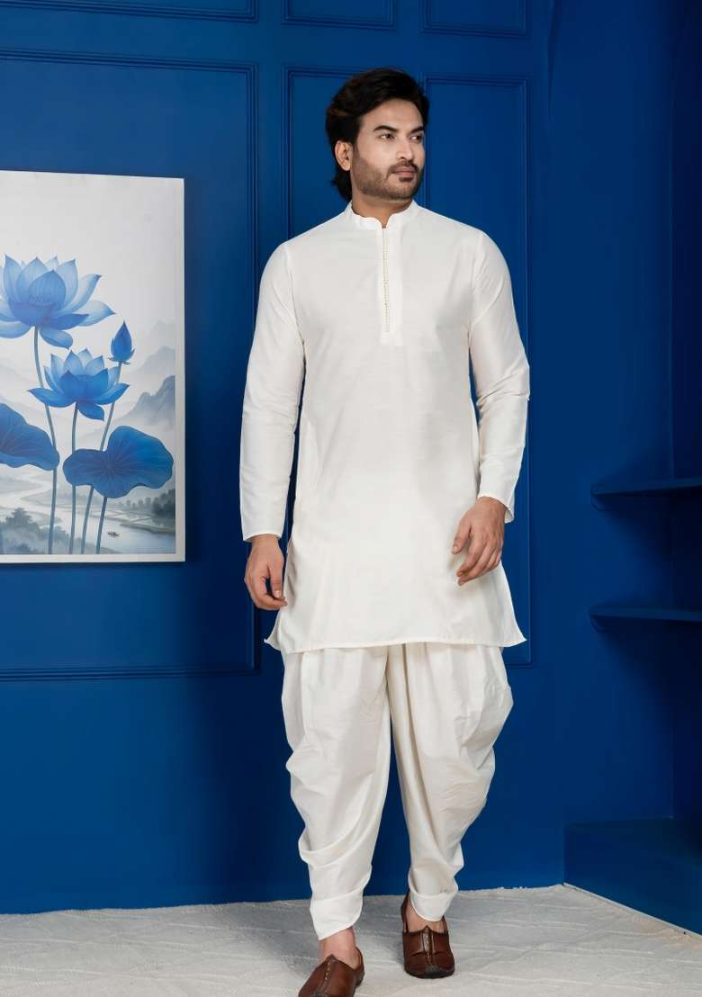 White Embroidery Silk Kurta Set For Men - Indya