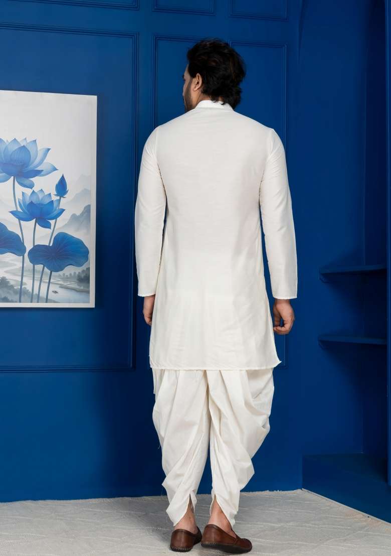 White Embroidery Silk Kurta Set For Men - Indya