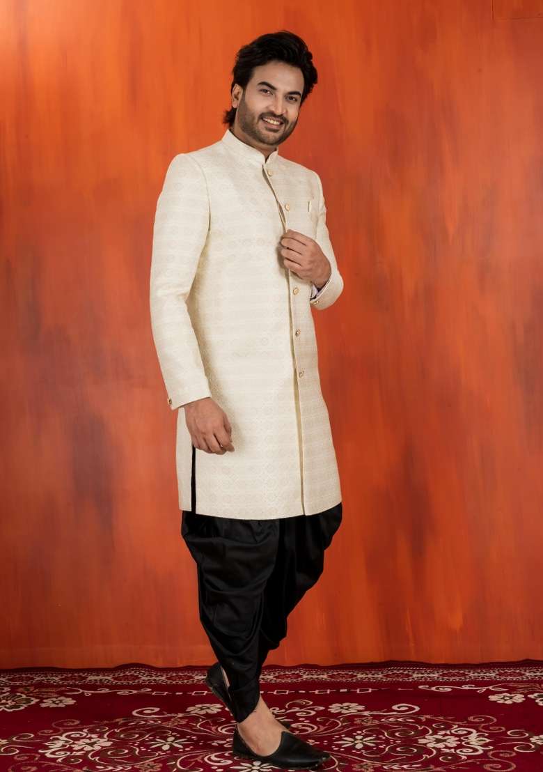 White Embroidery Jacquard Sherwani Set For Men - Indya