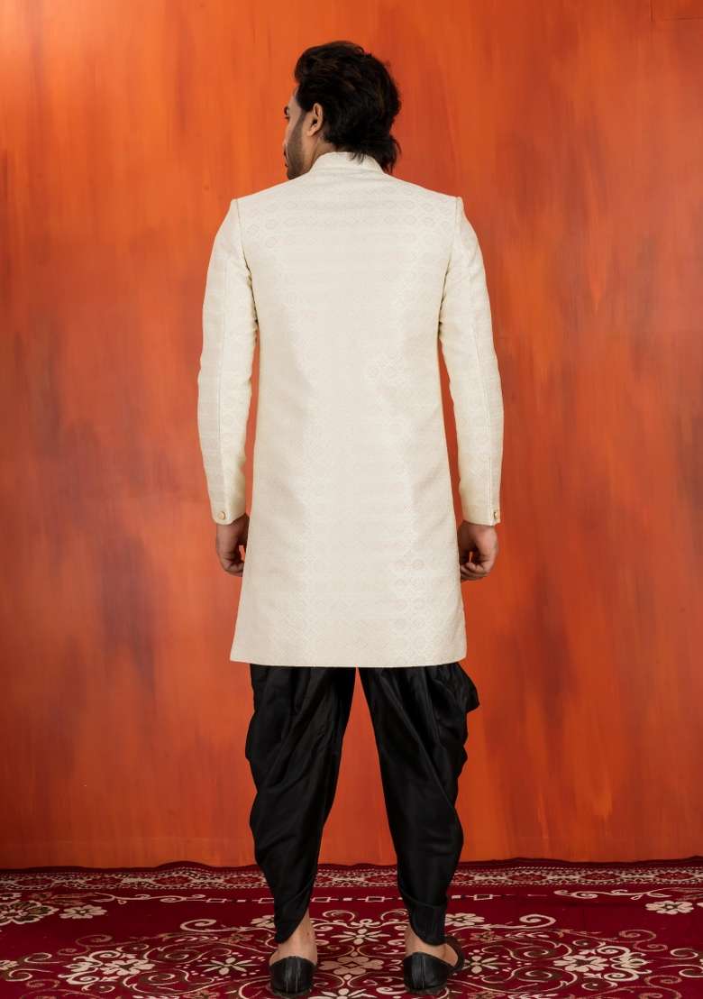 White Embroidery Jacquard Sherwani Set For Men - Indya