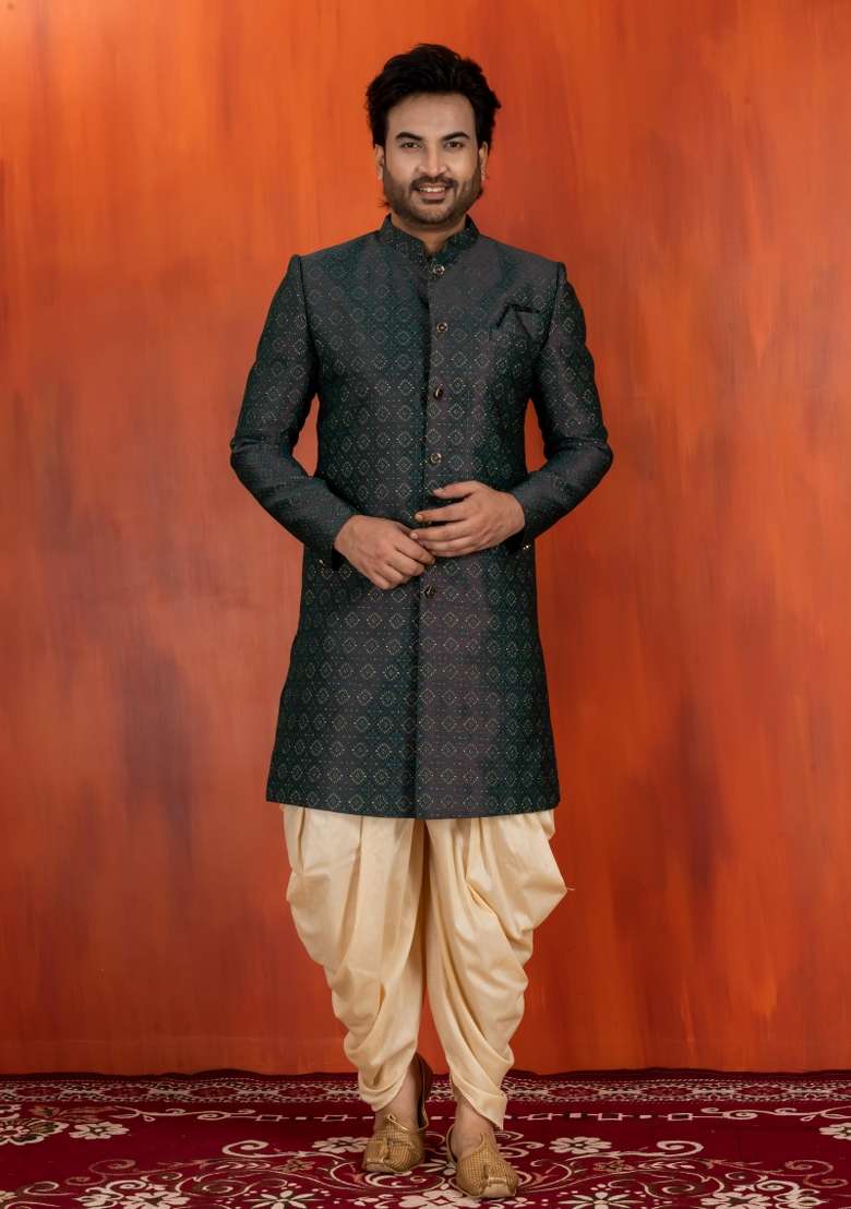 Green Embroidery Jacquard Sherwani Set For Men - Indya