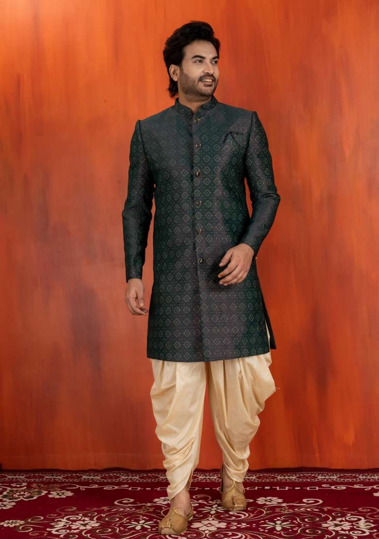 Green Embroidery Jacquard Sherwani Set For Men - Indya