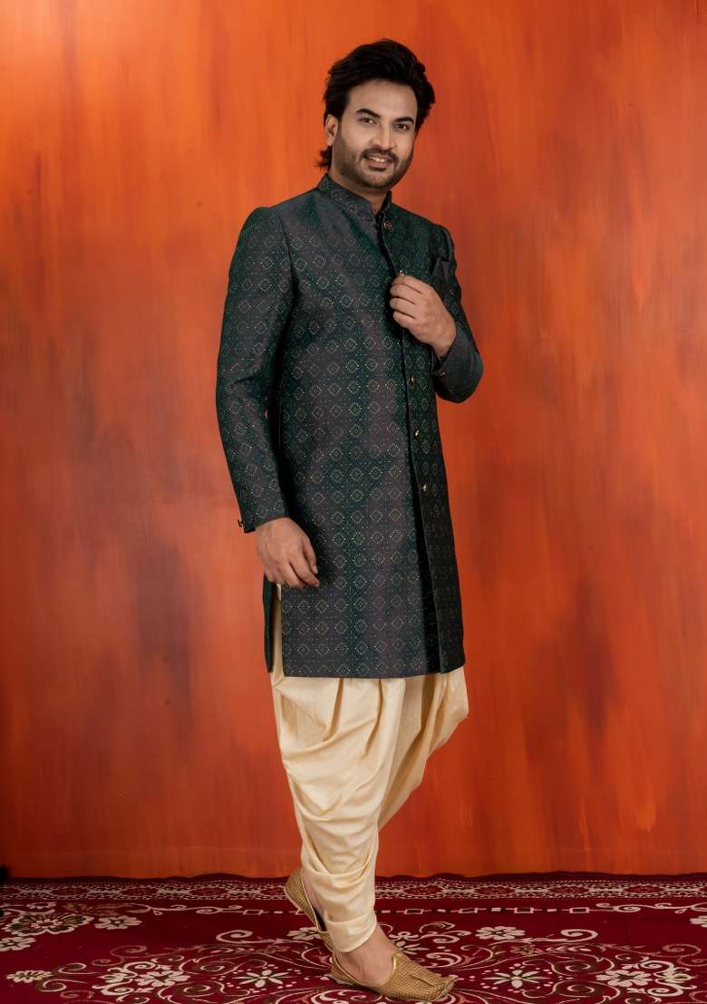 Green Embroidery Jacquard Sherwani Set For Men - Indya
