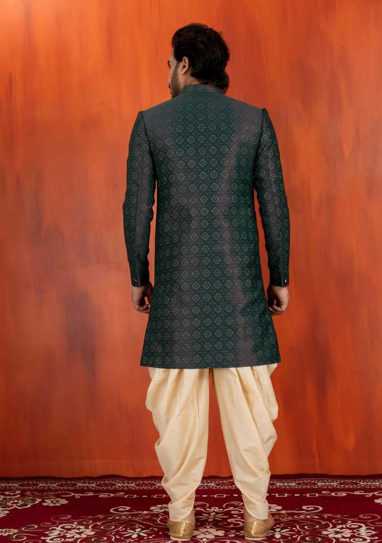 Green Embroidery Jacquard Sherwani Set For Men - Indya