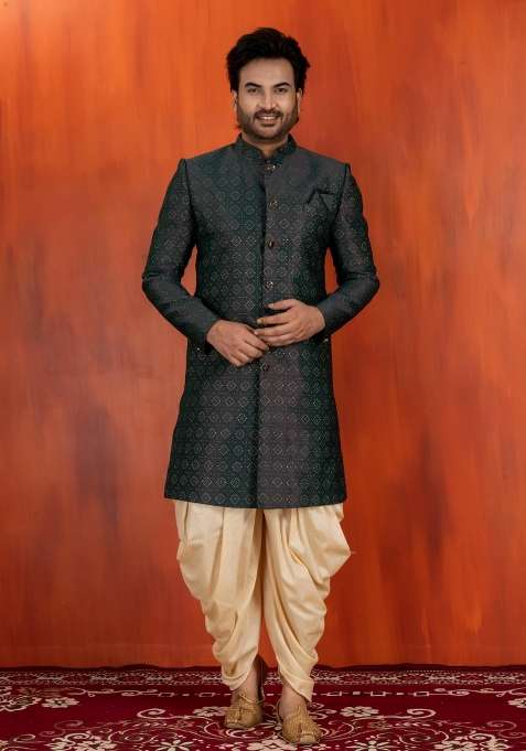 Green Embroidery Jacquard Sherwani Set For Men