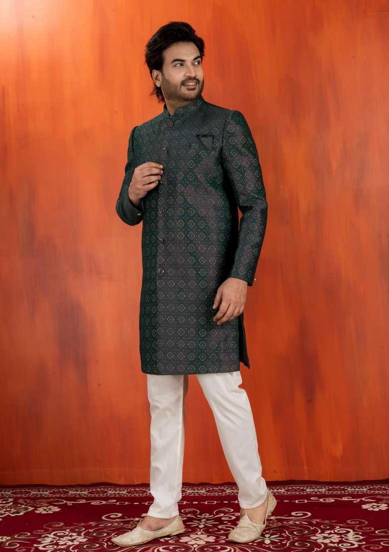 Green Embroidery Jacquard Sherwani Set For Men - Indya