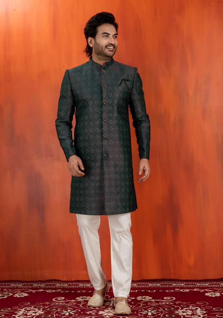 Green Embroidery Jacquard Sherwani Set For Men - Indya