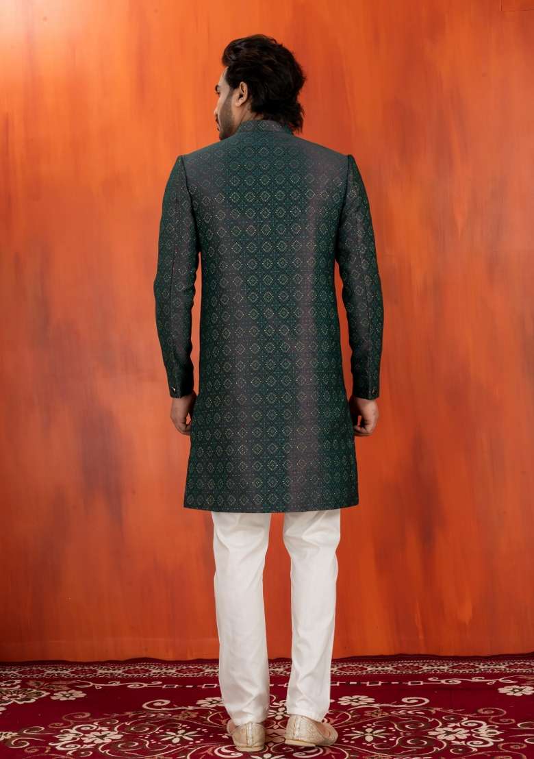 Green Embroidery Jacquard Sherwani Set For Men - Indya