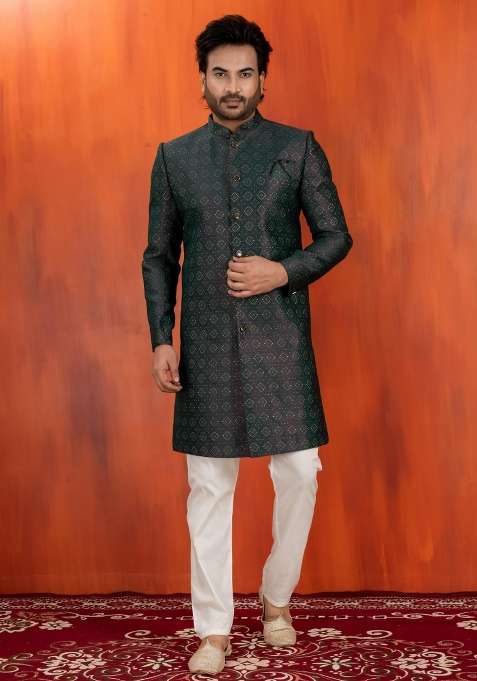 Green Embroidery Jacquard Sherwani Set For Men