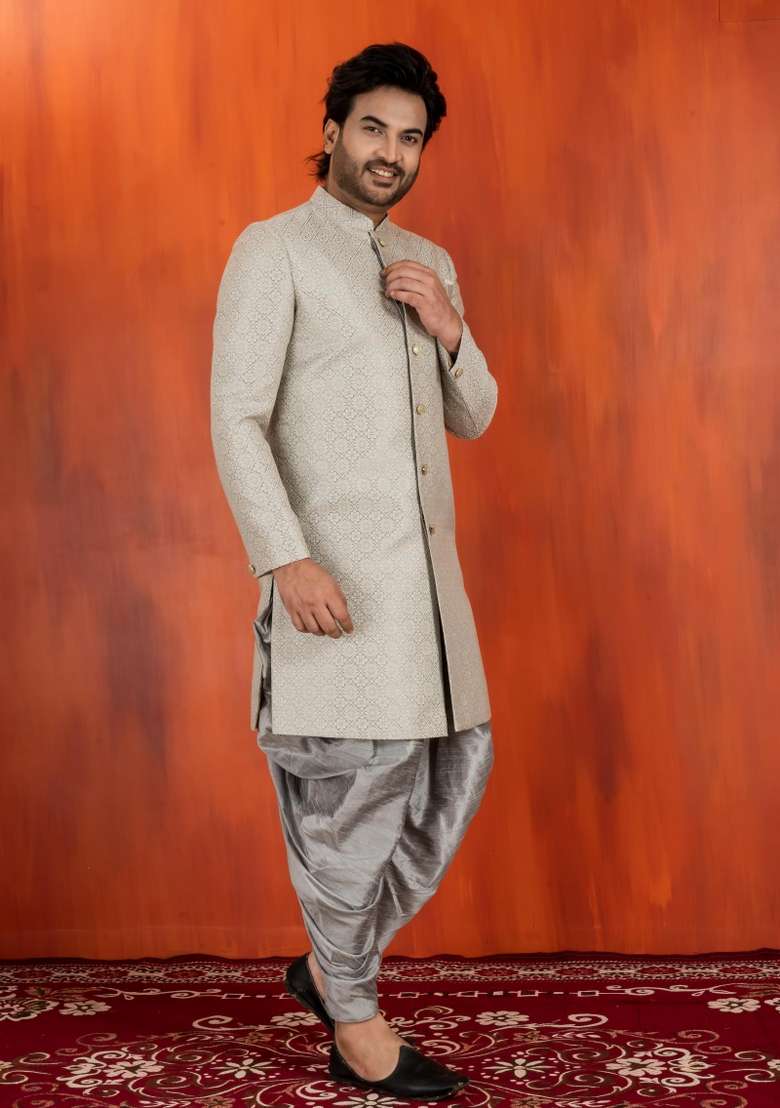 Grey Embroidery Jacquard Sherwani Set For Men - Indya