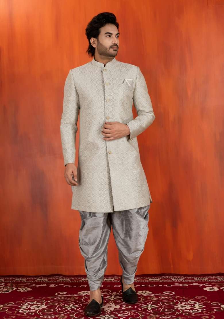 Grey Embroidery Jacquard Sherwani Set For Men - Indya