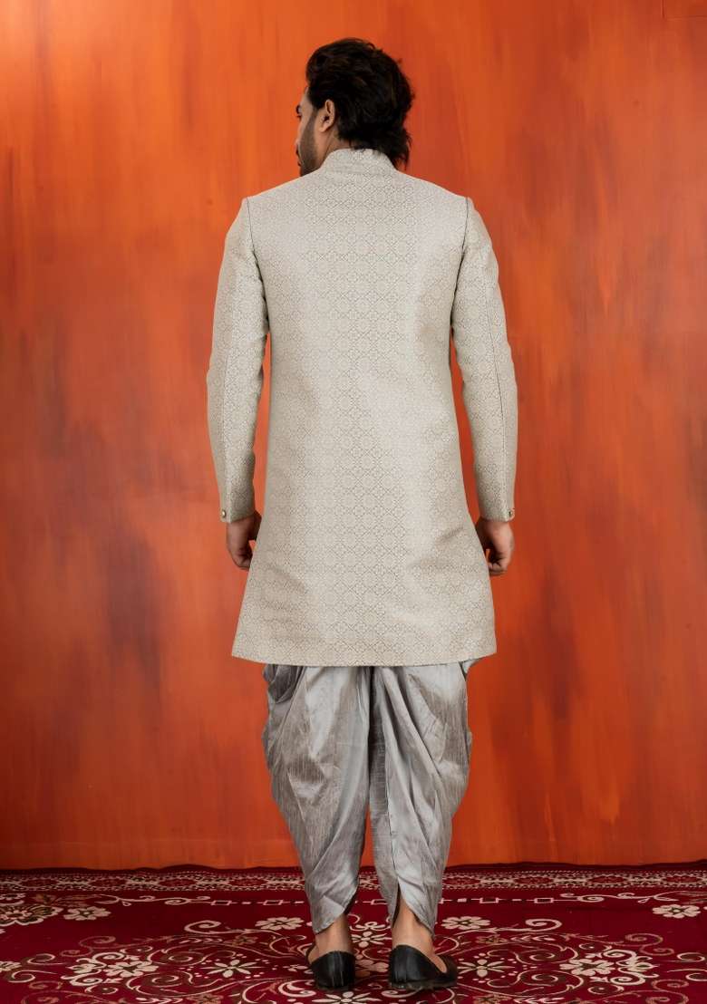 Grey Embroidery Jacquard Sherwani Set For Men - Indya