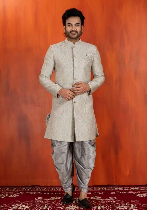 Grey Embroidery Jacquard Sherwani Set For Men