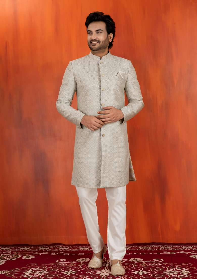 Grey Embroidery Jacquard Sherwani Set For Men - Indya