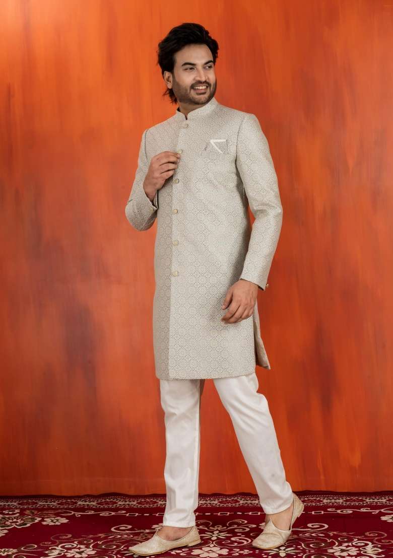 Grey Embroidery Jacquard Sherwani Set For Men - Indya