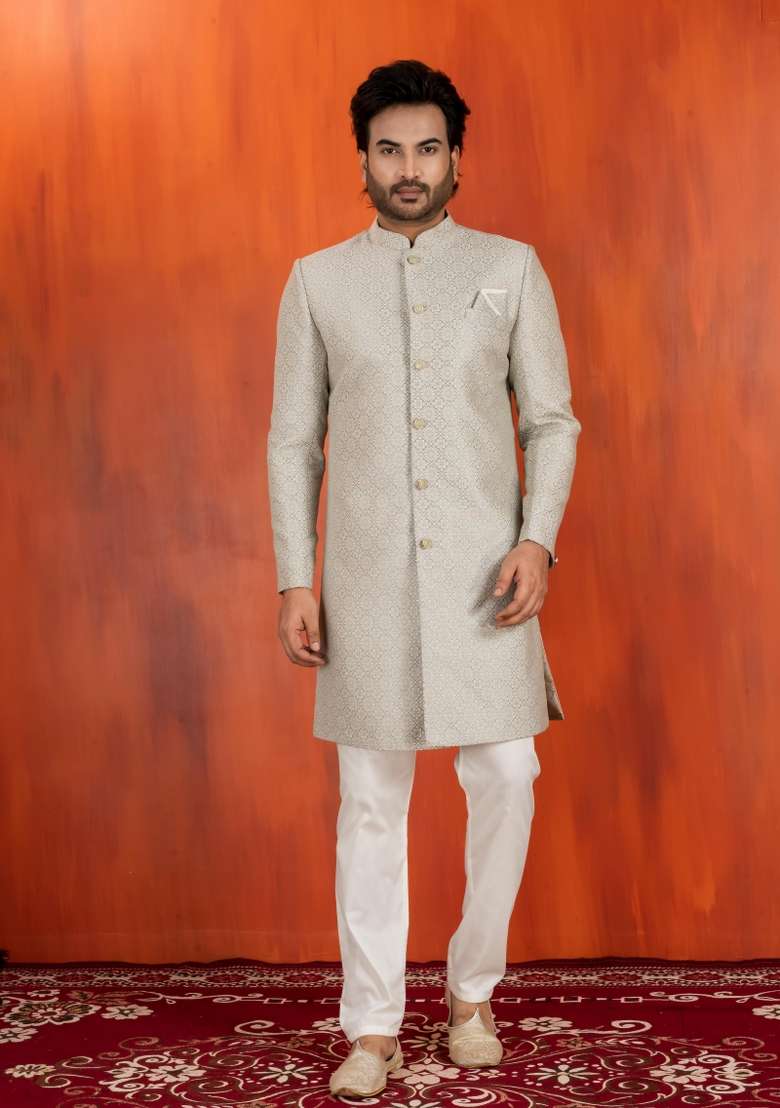 Grey Embroidery Jacquard Sherwani Set For Men - Indya