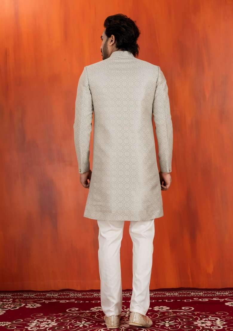 Grey Embroidery Jacquard Sherwani Set For Men - Indya