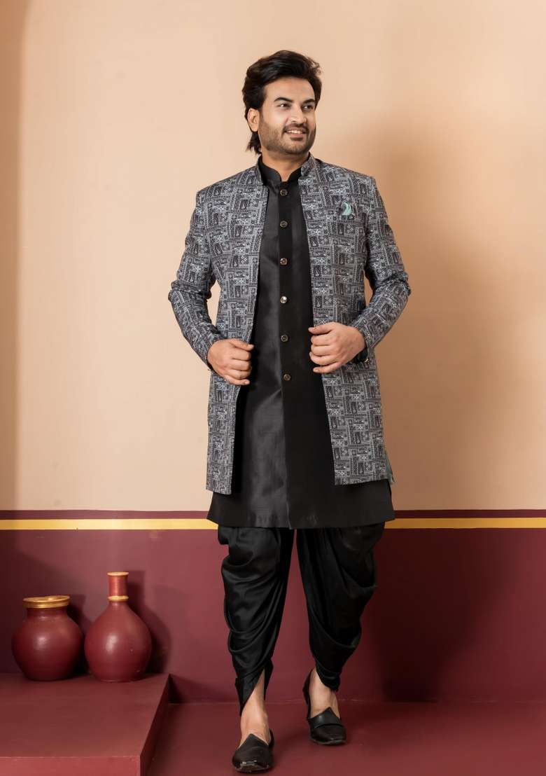 Green Embroidery Jacquard Sherwani Set For Men - Indya