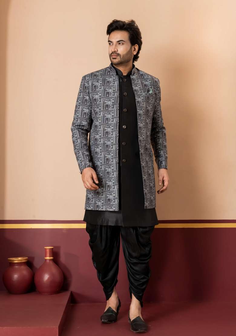 Green Embroidery Jacquard Sherwani Set For Men - Indya