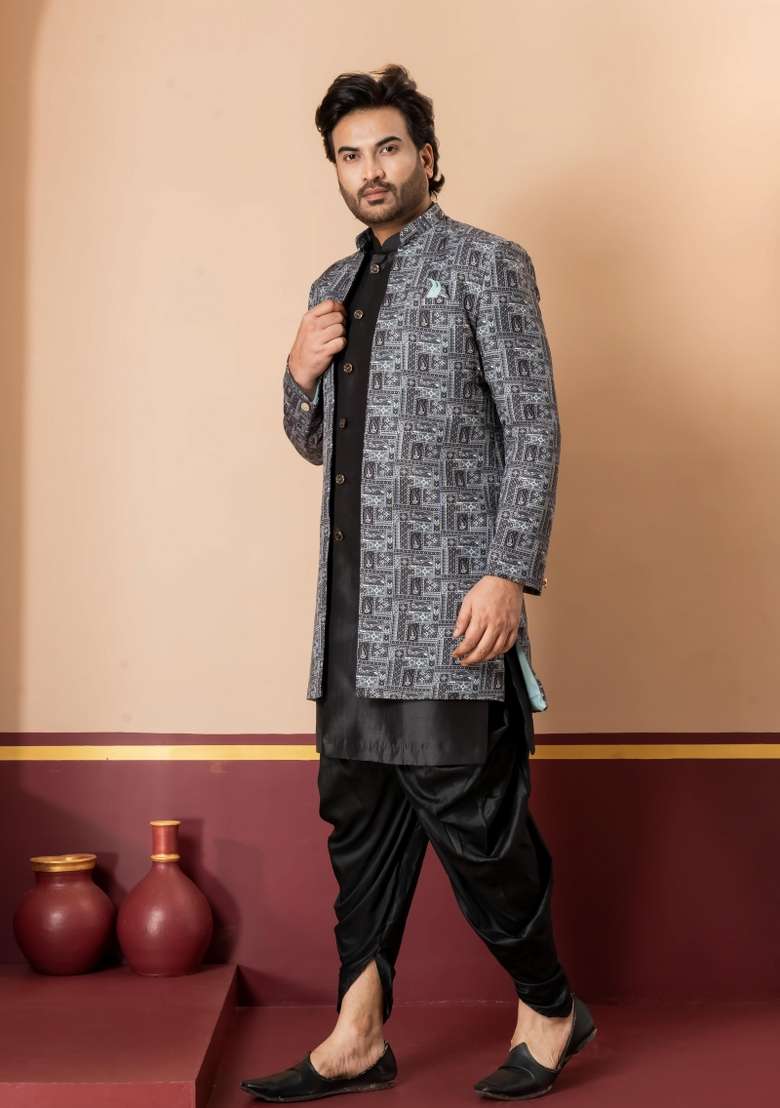 Green Embroidery Jacquard Sherwani Set For Men - Indya