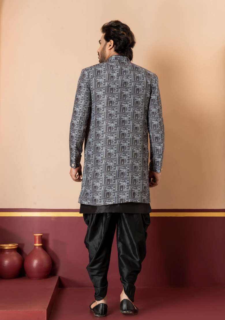Green Embroidery Jacquard Sherwani Set For Men - Indya