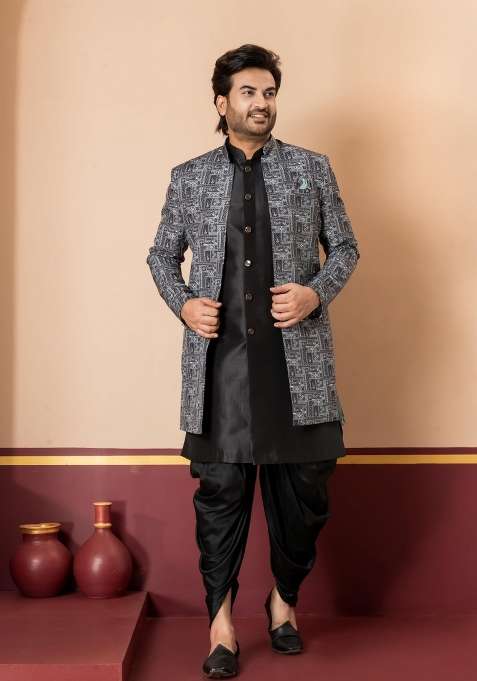 Green Embroidery Jacquard Sherwani Set For Men