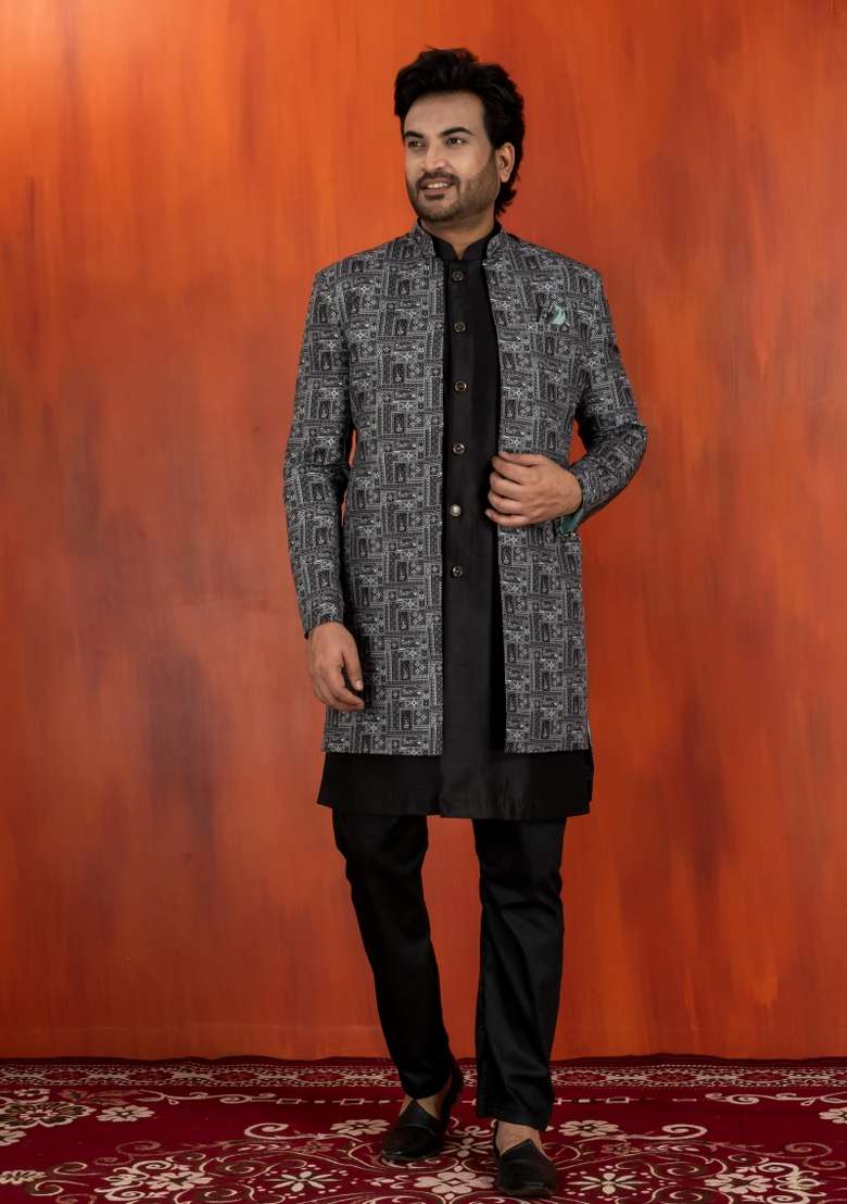 Green Embroidery Jacquard Sherwani Set For Men - Indya