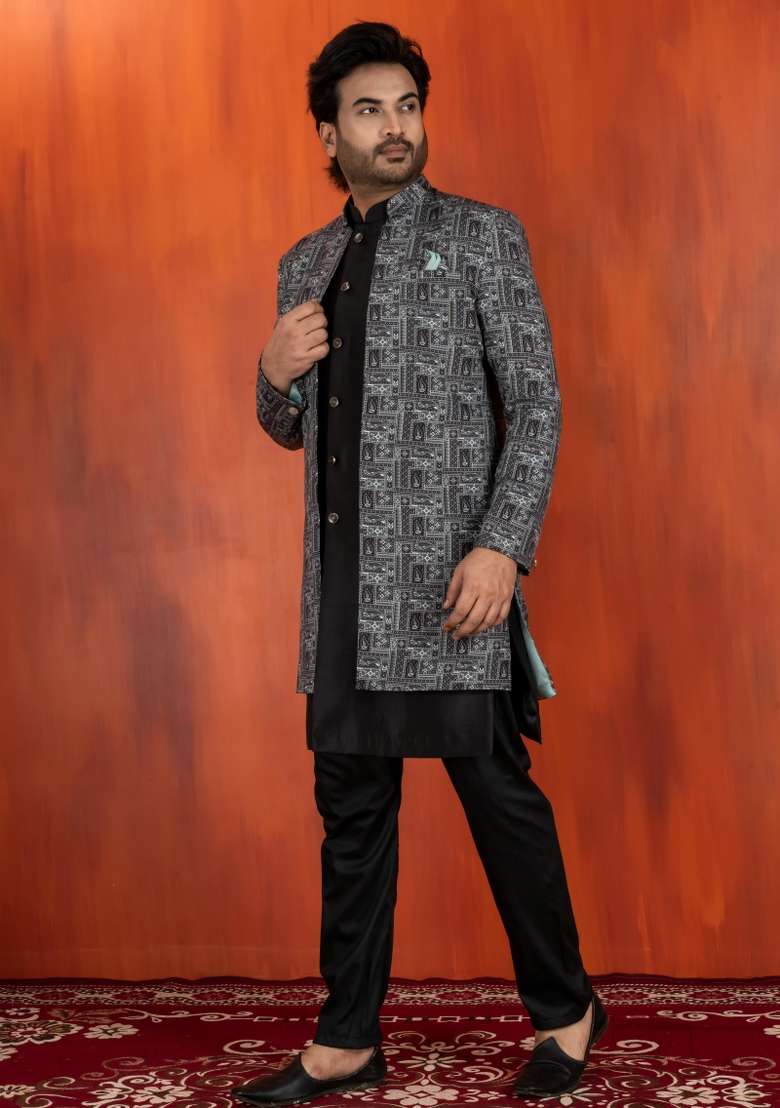 Green Embroidery Jacquard Sherwani Set For Men - Indya
