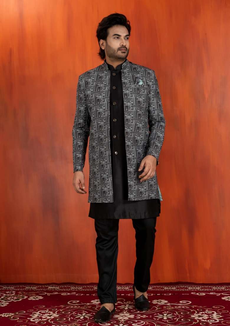 Green Embroidery Jacquard Sherwani Set For Men - Indya