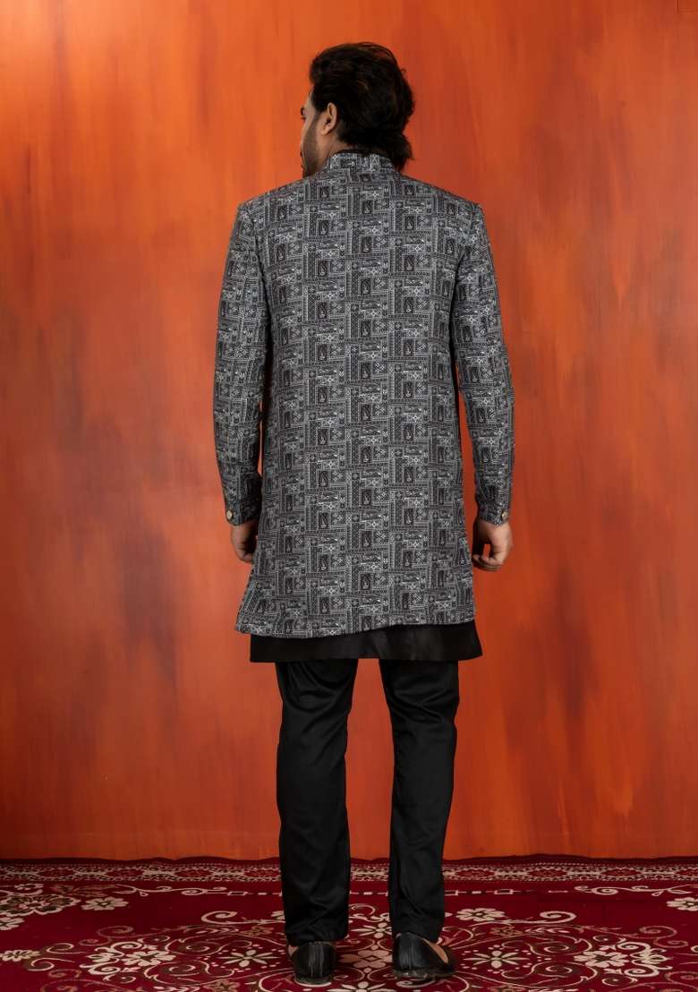 Green Embroidery Jacquard Sherwani Set For Men - Indya