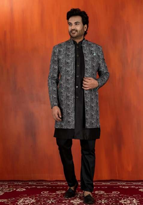 Green Embroidery Jacquard Sherwani Set For Men