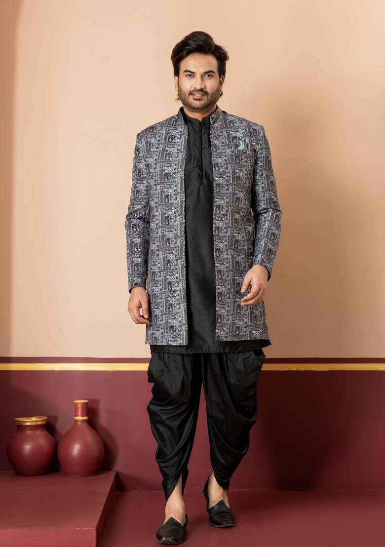 Green Embroidery Jacquard Sherwani Set For Men - Indya