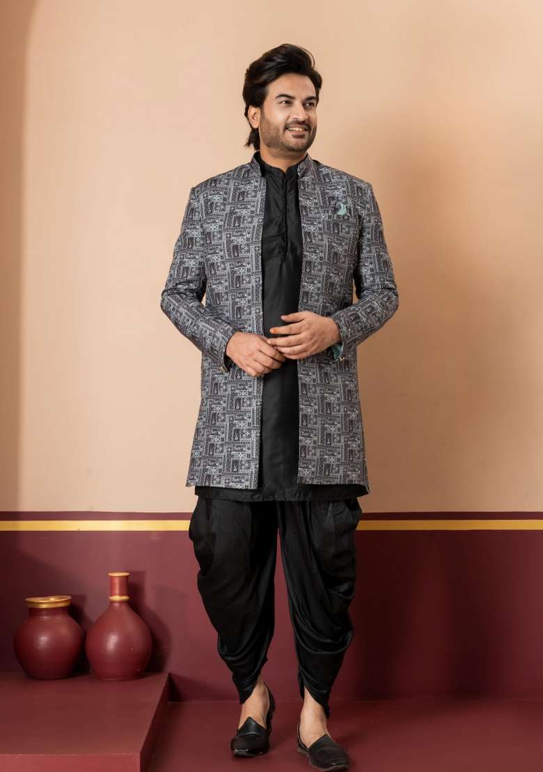 Green Embroidery Jacquard Sherwani Set For Men - Indya