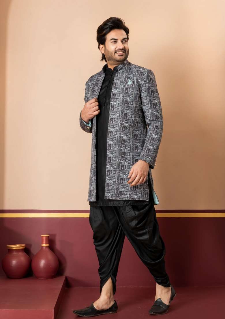 Green Embroidery Jacquard Sherwani Set For Men - Indya