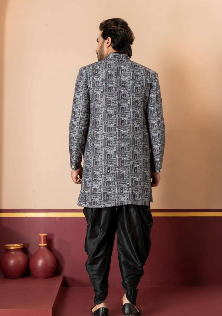 Green Embroidery Jacquard Sherwani Set For Men - Indya