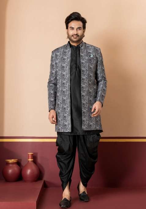 Green Embroidery Jacquard Sherwani Set For Men